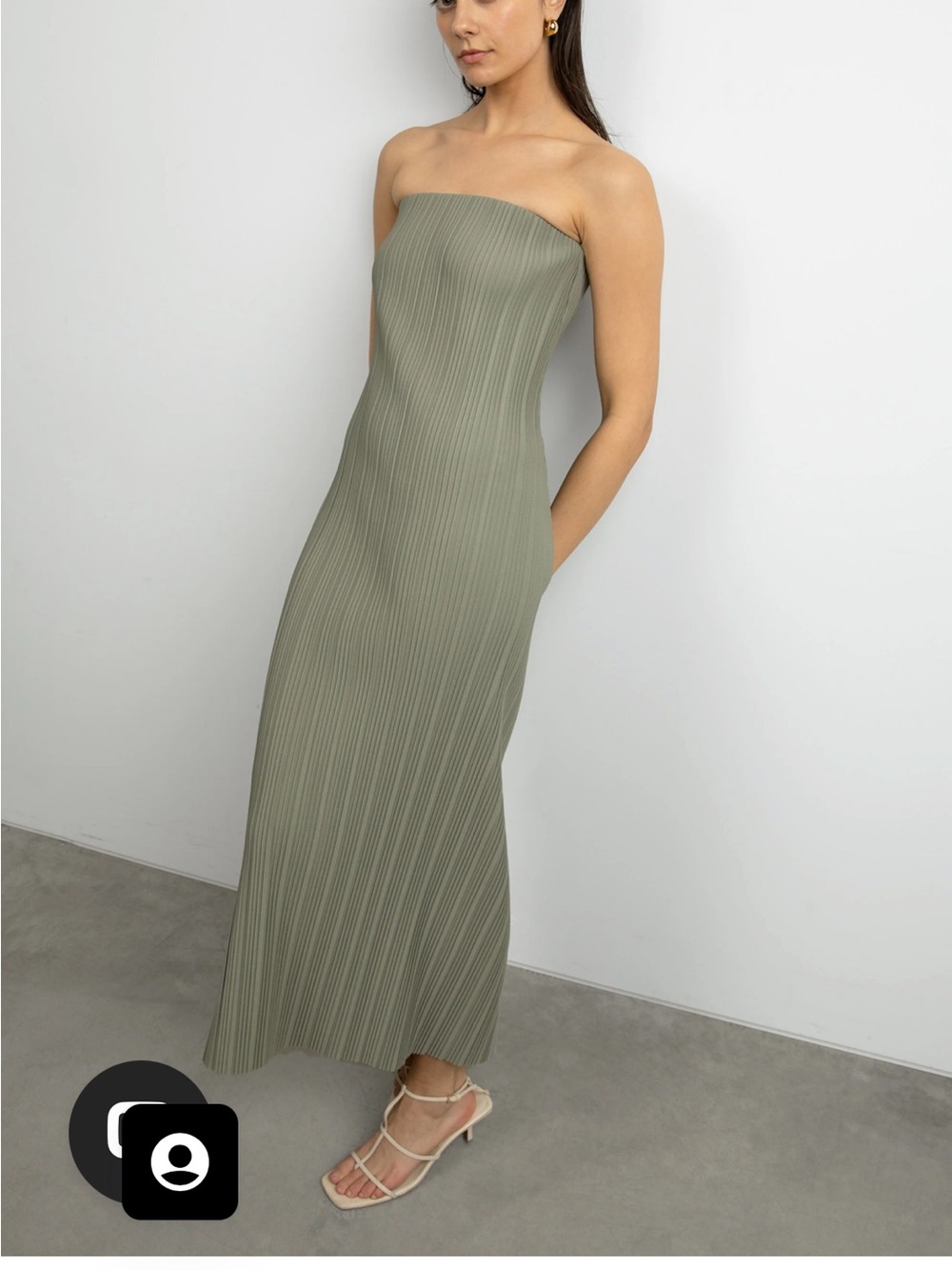 Strapless Olive Green Pleated Midi Dress